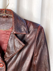 VINTAGE LEATHER JACKET [ Burgundy, Button Up, Size Small ]
