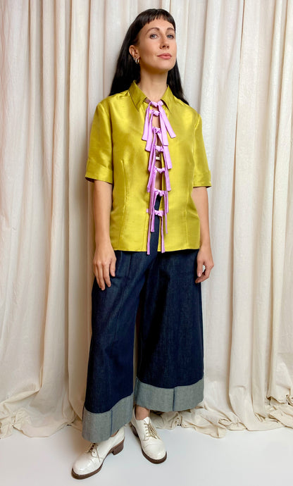 • REIMAGINED • Silk Tie Shirt [ Green/ Yellow, Purple Ties, Short Sleeves, Size 10-12 ]