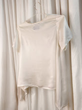 • PRE-LOVED • 100% Silk Satin Top [ Natural White Long T-shirt, Draped Hem, Crew Neck, Size S/M ]