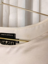 • PRE-LOVED • 100% Silk Satin Top [ Natural White Long T-shirt, Draped Hem, Crew Neck, Size S/M ]