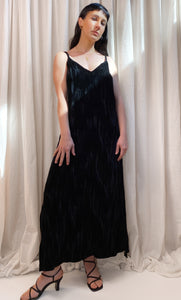 • PRE-LOVED • Handmade Velvet Maxi Slip Dress [ Black Crinkle, Split, V neck, Size Small ]