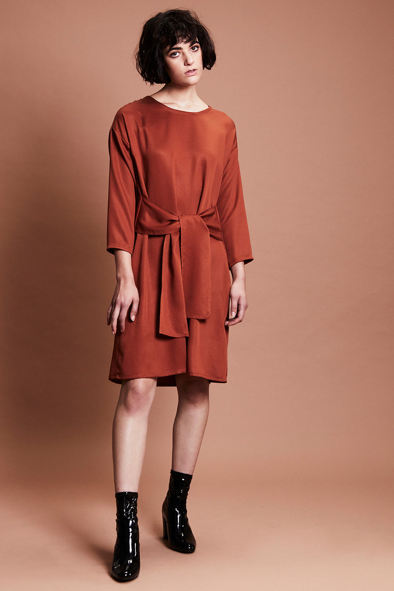 SAFFRON DRESS [ Rust Red, Long Sleeves, Waist Ties ] keegan
