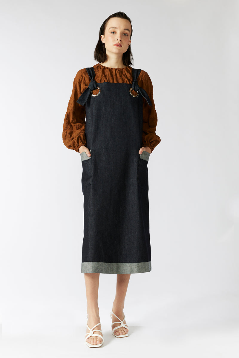 GARDENER S PINAFORE DRESS Navy Denim Silver Eyelets keegan