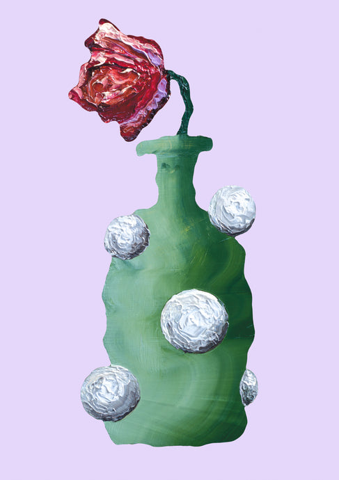 LIMITED EDITION PRINT 'Tulip, Bottle'. 10% DONATED [ Green Vase, White Balls, Red Flower, Purple Background ]