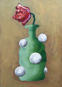 LIMITED EDITION PRINT 'Tulip, Bottle'. 10% DONATED [ Green Vase, White Balls, Red Flower, Aged Brass Background ]