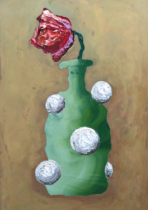 LIMITED EDITION PRINT 'Tulip, Bottle'. 10% DONATED [ Green Vase, White Balls, Red Flower, Aged Brass Background ]