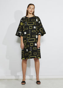 HEAVY METAL DRESS [ Gold, Silver Patterned Embroidery On Black Cotton ]