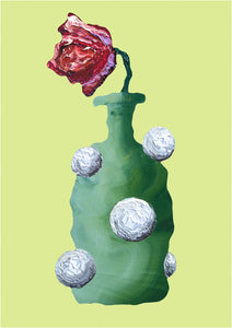 LIMITED EDITION PRINT 'Tulip, Bottle'. 10% DONATED [ Green Vase, White Balls, Red Flower, Green-Yellow Background ]