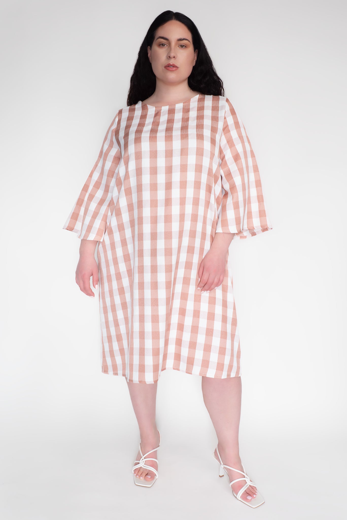 KEEGAN CLASSIC 3/4 SLEEVED DRESS [ Pink And White Gingham ]