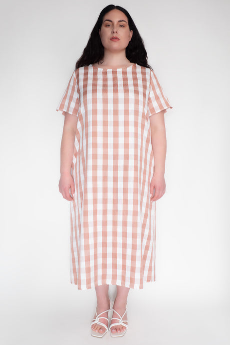 KEEGAN CLASSIC SHORT SLEEVED DRESS [ Pink And White Gingham ]