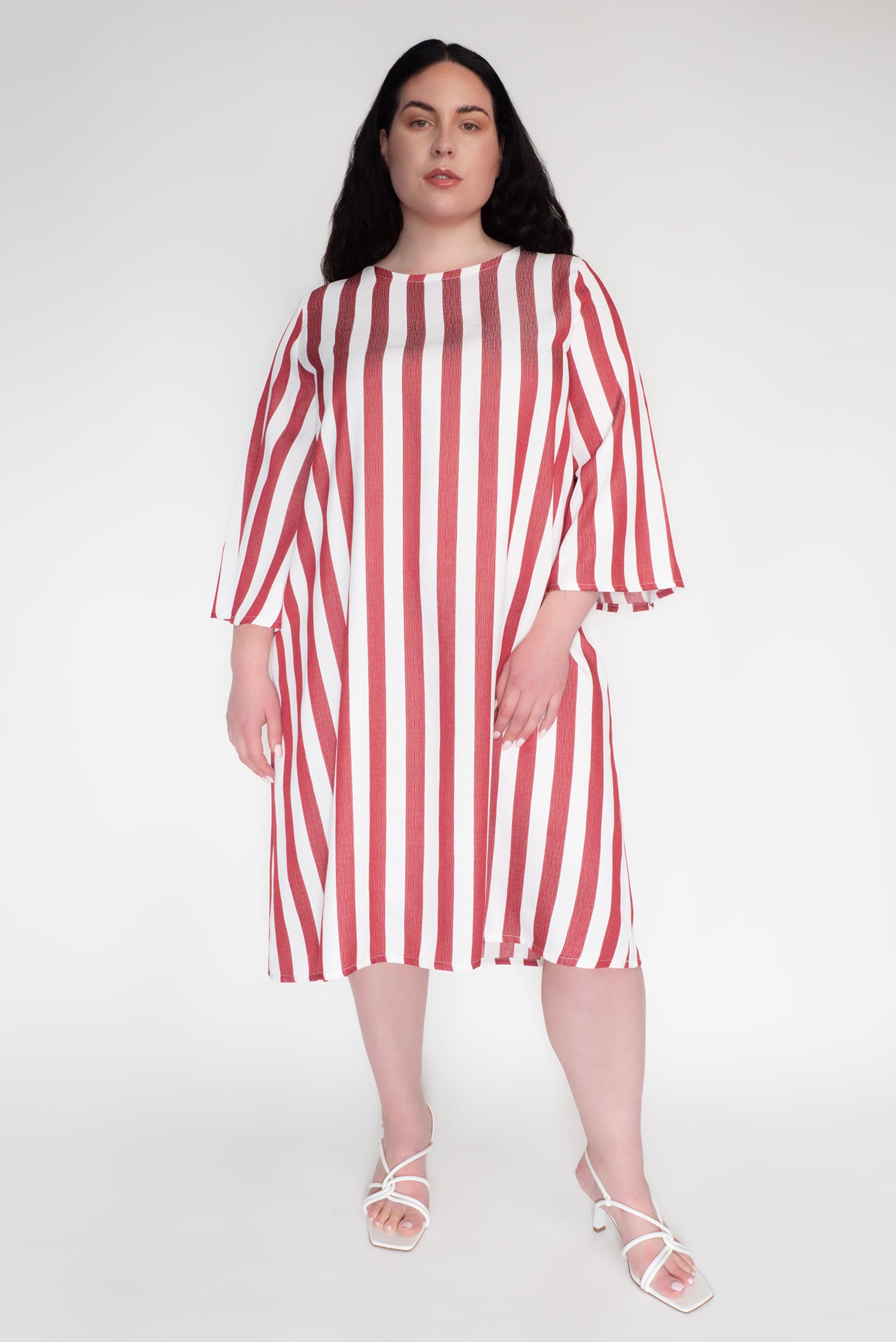 KEEGAN CLASSIC 3/4 SLEEVED DRESS [ Red And White Striped ]
