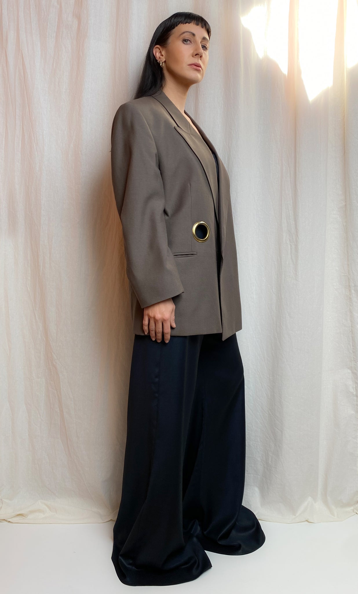 OUT OF OFFICE SUIT JACKET Wool Blend Brown Tie Blazer Gold Eyelets keegan