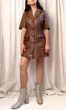 VINTAGE LEATHER SHIRT DRESS [ Brown Tan, Button Up, Size Small ]