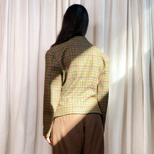 PURE WOOL VINTAGE PLAID CROPPED JACKET [ Olive Green, Size Small ]