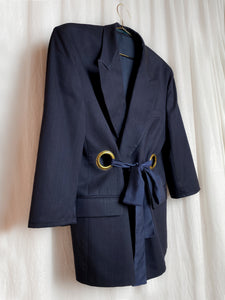 OUT OF OFFICE SUIT JACKET [ Wool, Navy Pinstripe Tie Blazer, Gold Eyelets, Up To Size Extra Large ]