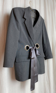 $100 OFF OFFER • OUT OF OFFICE SUIT JACKET [ Wool Blend, Charcoal Tie Blazer, Silver Eyelets, Up To Size Medium / Large ]