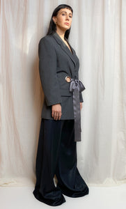 $100 OFF OFFER • OUT OF OFFICE SUIT JACKET [ Wool Blend, Charcoal Tie Blazer, Silver Eyelets, Up To Size Medium / Large ]