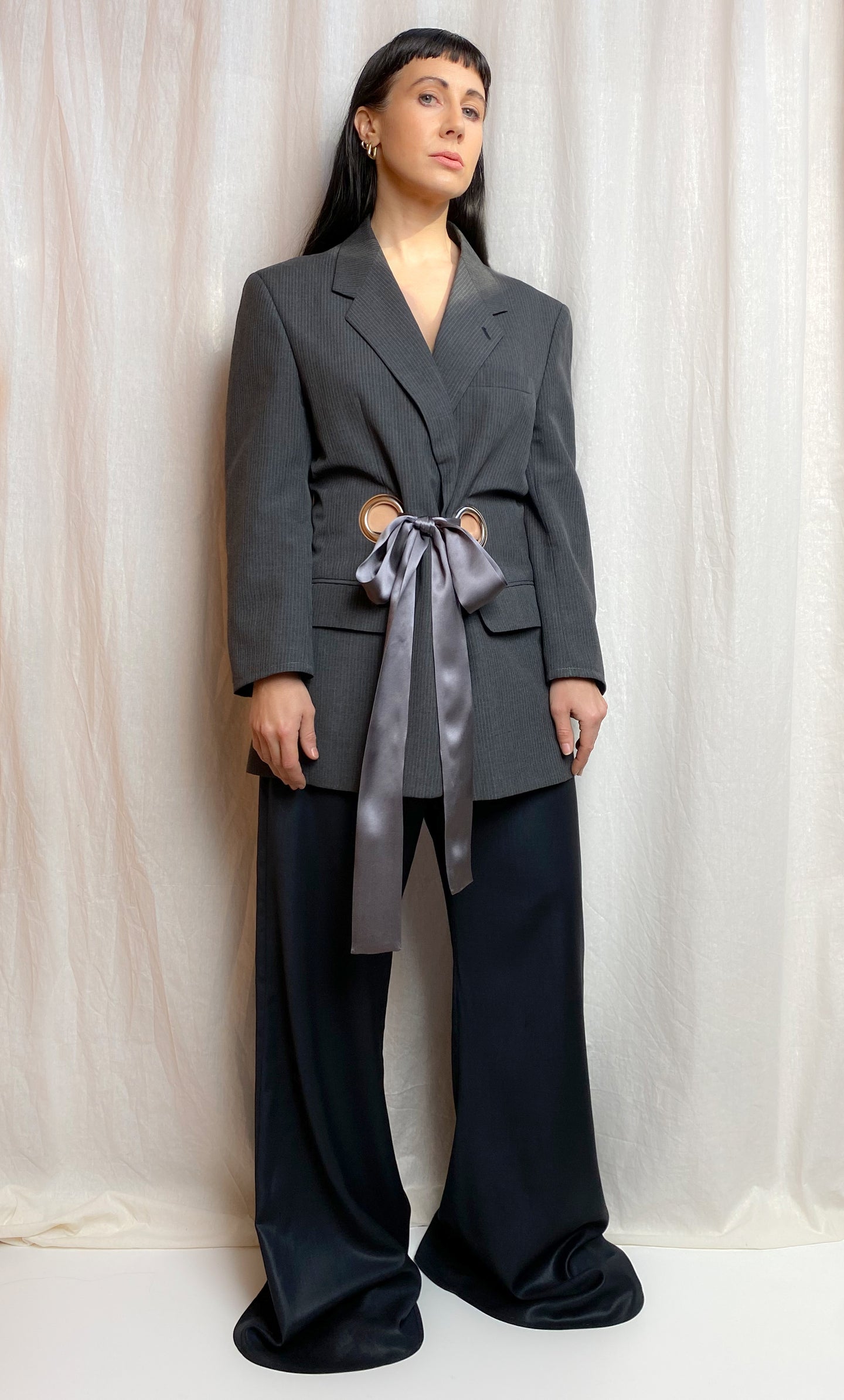 $100 OFF OFFER • OUT OF OFFICE SUIT JACKET [ Wool Blend, Charcoal Tie Blazer, Silver Eyelets, Up To Size Medium / Large ]