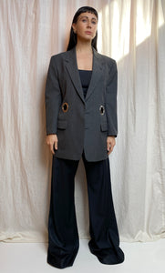 $100 OFF OFFER • OUT OF OFFICE SUIT JACKET [ Wool Blend, Charcoal Tie Blazer, Silver Eyelets, Up To Size Medium / Large ]