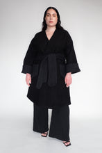 DRIZZLE COAT [ Black Wool, Large Cuffs, Wavy Pockets & Waist Tie ]