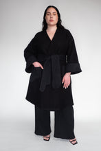 DRIZZLE COAT [ Black Wool, Large Cuffs, Wavy Pockets & Waist Tie ]