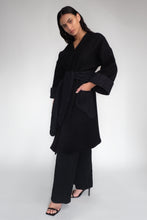 DRIZZLE COAT [ Black Wool, Large Cuffs, Wavy Pockets & Waist Tie ]