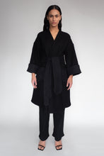DRIZZLE COAT [ Black Wool, Large Cuffs, Wavy Pockets & Waist Tie ]