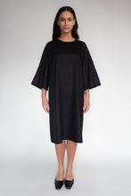 KEEGAN CLASSIC 3/4 SLEEVED DRESS [ Black Cotton Sateen, Light, Wide Sleeves ]