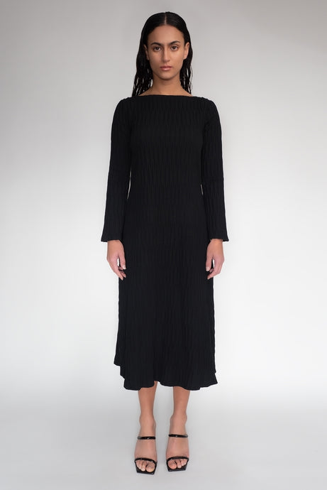 DRIZZLE LONG SLEEVED DRESS [ Black Cotton, Crinkled Texture ] (Copy)