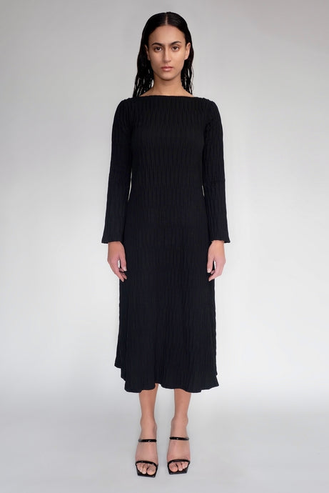 DRIZZLE LONG SLEEVED DRESS [ Black Cotton, Crinkled Texture ] (Copy)