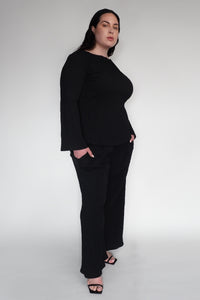 DRIZZLE LONG SLEEVED TOP [ Black Cotton, Crinkled Texture ]