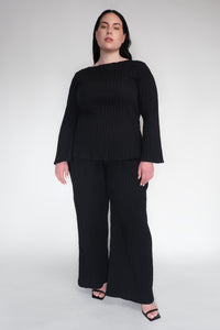 DRIZZLE PANTS [ Black Cotton, Elasticated, High Waisted, Crinkled Texture ]