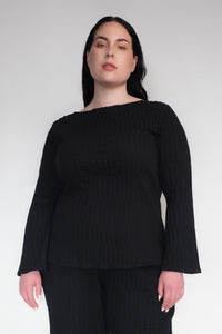 DRIZZLE LONG SLEEVED TOP [ Black Cotton, Crinkled Texture ]