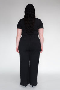 DRIZZLE PANTS [ Black Cotton, Elasticated, High Waisted, Crinkled Texture ]