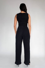 DRIZZLE PANTS [ Black Cotton, Elasticated, High Waisted, Crinkled Texture ]