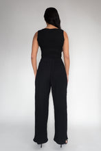 DRIZZLE PANTS [ Black Cotton, Elasticated, High Waisted, Crinkled Texture ]