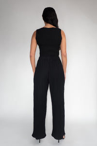 DRIZZLE PANTS [ Black Cotton, Elasticated, High Waisted, Crinkled Texture ]
