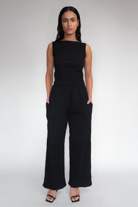 DRIZZLE PANTS [ Black Cotton, Elasticated, High Waisted, Crinkled Texture ]