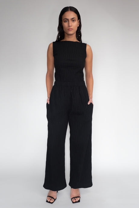 DRIZZLE PANTS [ Black Cotton, Elasticated, High Waisted, Crinkled Texture ]