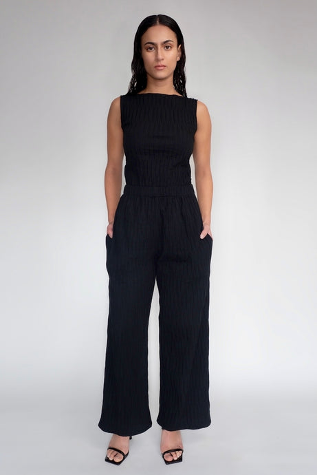 DRIZZLE PANTS [ Black Cotton, Elasticated, High Waisted, Crinkled Texture ]