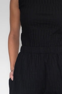 DRIZZLE PANTS [ Black Cotton, Elasticated, High Waisted, Crinkled Texture ]