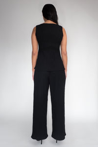 DRIZZLE PANTS [ Black Cotton, Elasticated, High Waisted, Crinkled Texture ]
