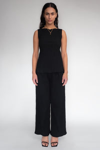 DRIZZLE PANTS [ Black Cotton, Elasticated, High Waisted, Crinkled Texture ]