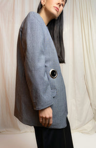 OUT OF OFFICE SUIT JACKET [ Wool, Grey Tie Blazer, Silver Eyelets, Up To Size Medium / Large ]