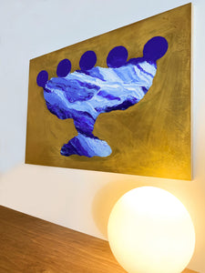• ORIGINAL OIL PAINTING • 'Contained' Series 2, Vessel #8 [ Brass, Landscape, Vase, Abstract, Colourful Art, Blue ]