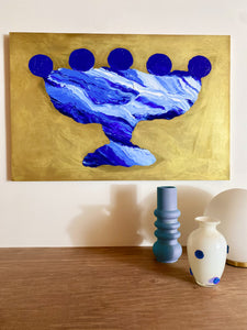• ORIGINAL OIL PAINTING • 'Contained' Series 2, Vessel #8 [ Brass, Landscape, Vase, Abstract, Colourful Art, Blue ]