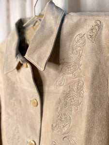 • PRE-LOVED • EMBROIDERED SUEDE LEATHER JACKET [ Beige, Taupe, Size Large ]