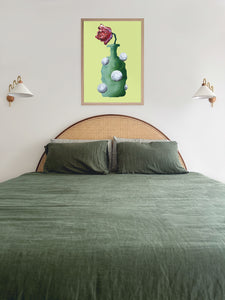 LIMITED EDITION PRINT 'Tulip, Bottle'. 10% DONATED [ Green Vase, White Balls, Red Flower, Green-Yellow Background ]