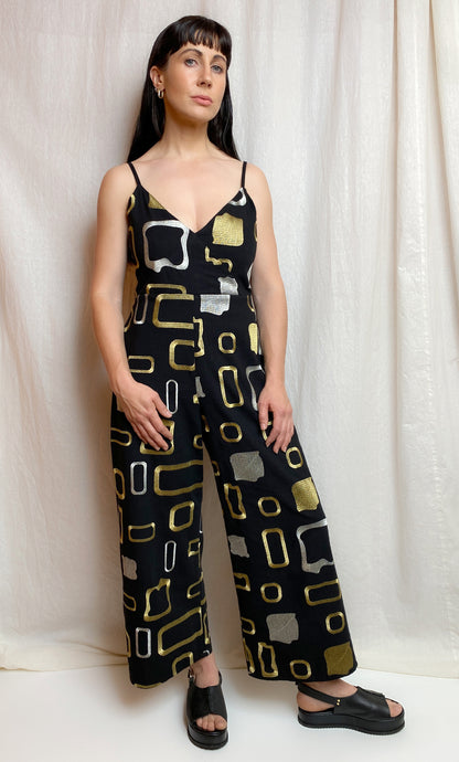 • LIGHTLY WORN • Handmade Embroidered Jumpsuit [ Black, Metallic, Size Extra Small ]
