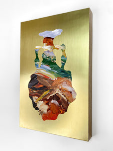 • ORIGINAL OIL PAINTING • 'Contained' Series 1, Vessel #1 [ Brass, Landscape, Vase, Abstract, Colourful Art ]